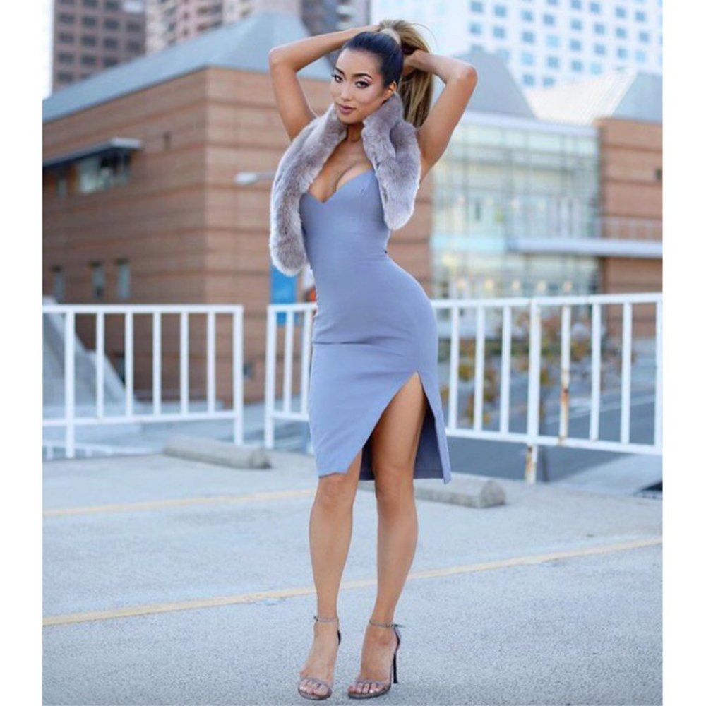 House Of CB lavender grey Raqa v-neck bodycon slit mini cocktail party dress